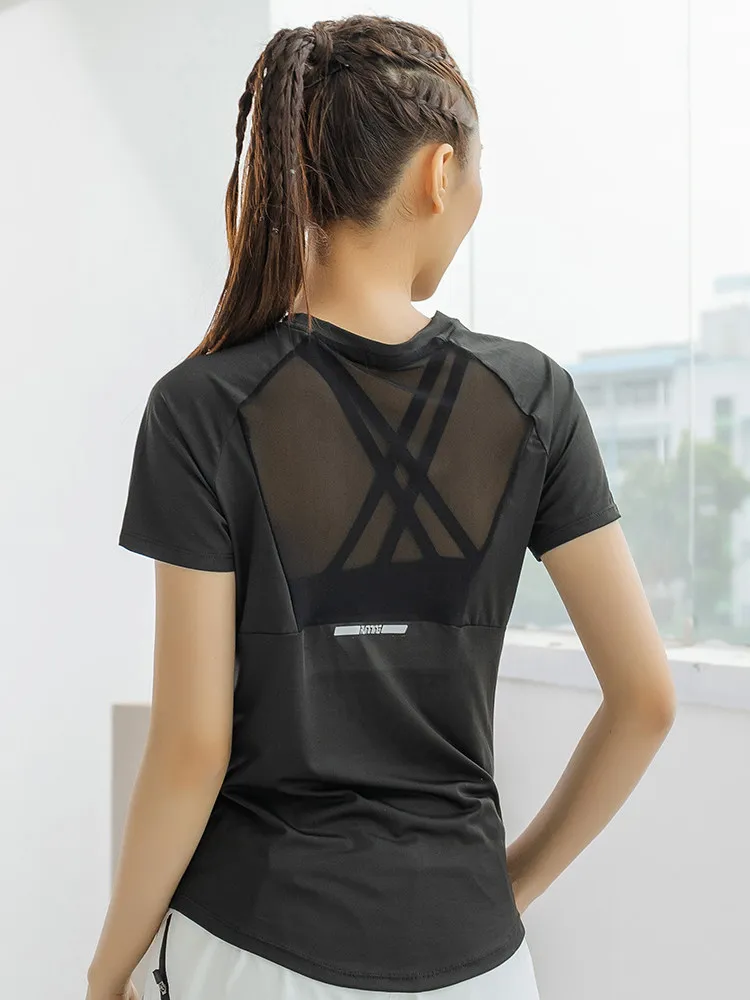 Summer Sports Short-Sleeved Women's Mesh Quick-Drying Breathable Yoga Top Slim Fit Elastic Training Running Fitness T-Shirt