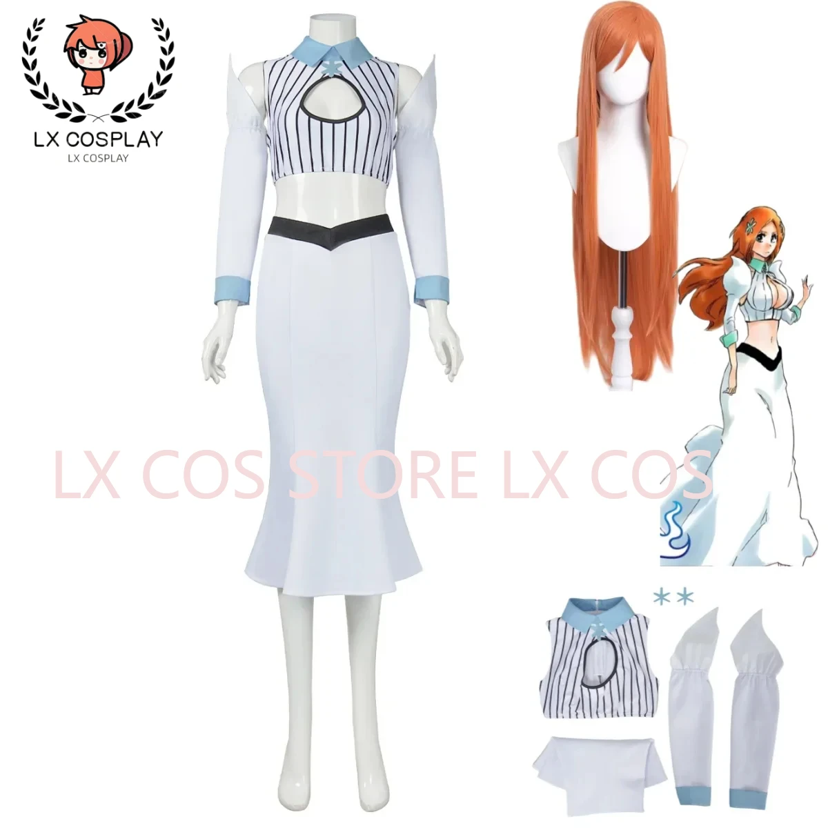 Anime  Inoue Orihime Cosplay Costume Princess White Dew Waist Long Skirt Headwear Woman Sexy Carnival Halloween Suit