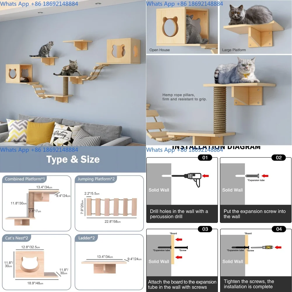 

Wall Mounted Cat Climbing Tree with Perch Scratching Post and Hanging Platform for Cats