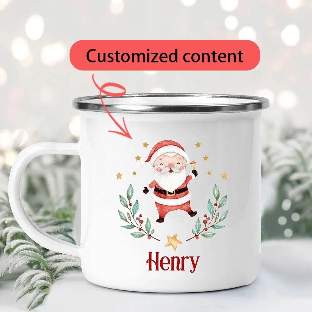 Personalized Christmas Reindeer Enamel Mug Custom Name Watercolor Cute Deer Print Camping Cup Kids Holiday Birthday Gift.