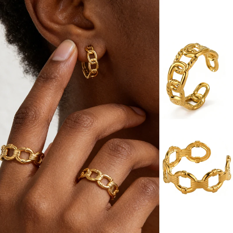 Letdiffery Minimalist Exquisite Hollow Rings Stainless Steel Gold Color Geometric Open Adjustable Ring Punk Daily Party Jewelry