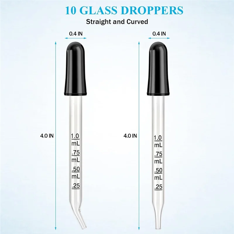 Practical-10 Pack Glass Eye Droppers - Curved And Straight Tips, 1 ML Pipette Droppers For Crafts, Measuring And Eyedroppers