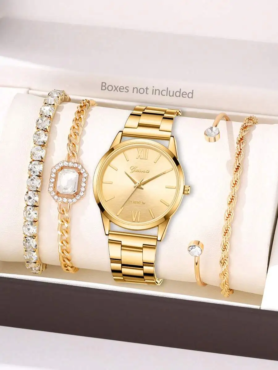

Набор из золотистых часов и браслета для женщин, с кристаллами, циферблат с римскими цифрами, ремешок из сплава.