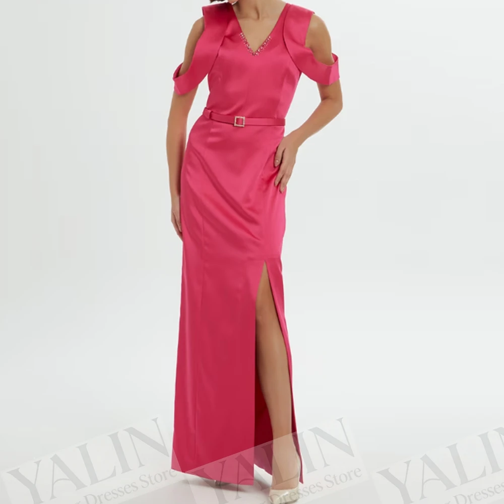 

Women's Straight Evening Dresses Ankle-length V-neck Sleeveless Prom Dresses Fashion Crystal Sashes Backless Customized Gowns