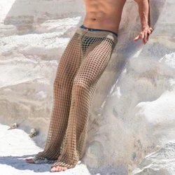 Crochet Hollow Out Beach Pants Men Transparent Mesh Sexy Casual Pants Male Loose Sheer Knitting Black Drawstring Trousers New