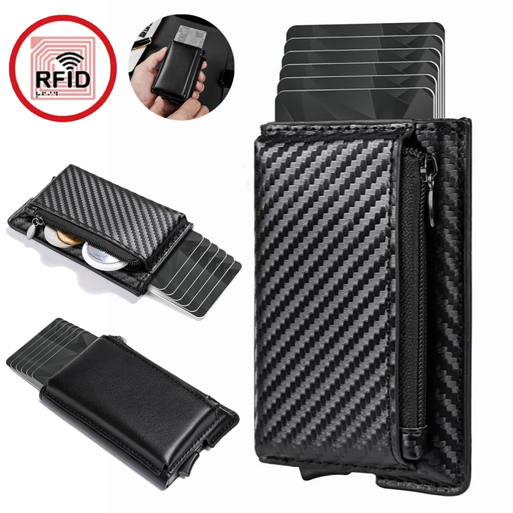 Rfid Protection Credit Card Holder Men Luxury Business ID Wallet Slim Pop Up Metal Minimalist Purse Smart Money Bag with Zipper