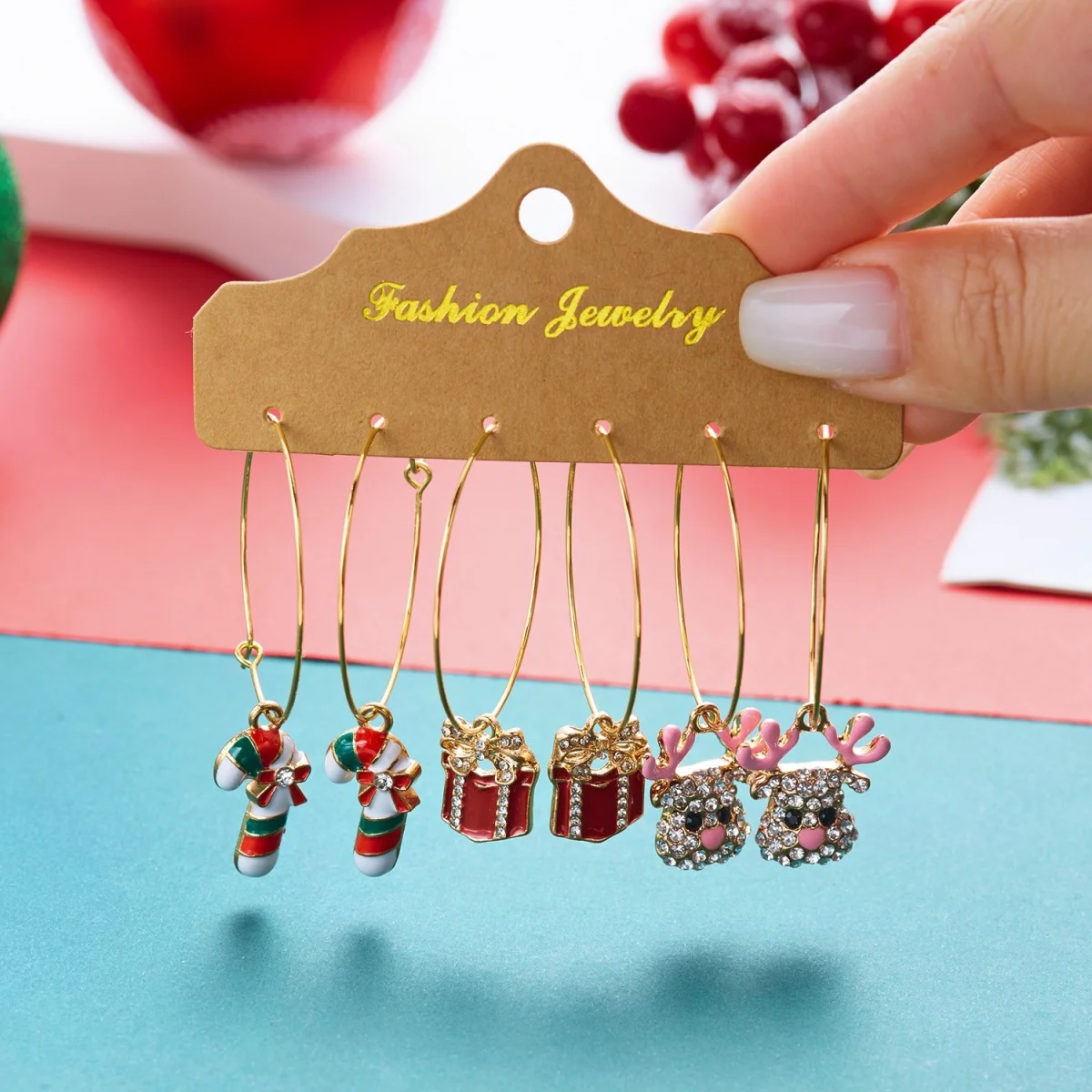 3 Paar/Set Weihnachts-Strass-Ohrringe mit Hirsch, Zuckerstange, Geschenkbox, für Damen, niedliche Weihnachtsmann- und Weihnachtsbaum-Ohrringe, Schmuck – Detail 26