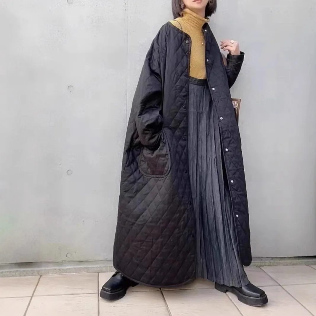 Thiened ロングコットンジャケット ダイヤモンドパターン 日本製 スレ カジュアル パーソナル 通勤 スレ 冬用コート 女性用