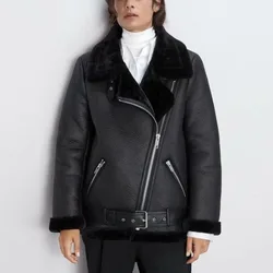 Manteau en Faux Cuir à Manches sulfpour Femme, Veste Thermique spatirée en Fourrure, Revers Rembourré, Chaud et Chic, Nouvelle Collection Automne Hiver