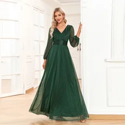 2024 New Women's Fashion V-neck Sparkling Chiffon A-line Long sleeved Evening Dress Elegant Ball Party Dress High Daily Dress