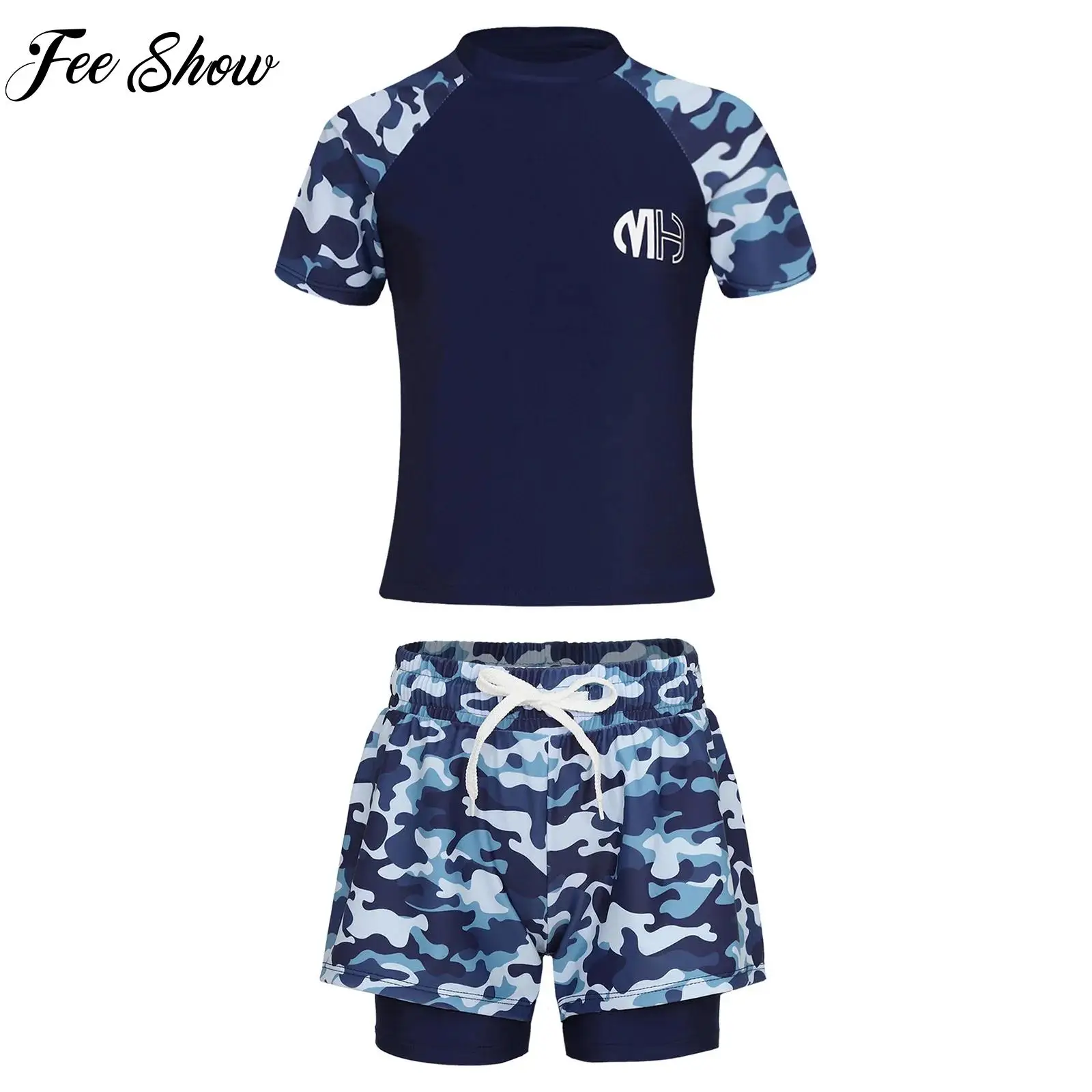 Boys Rash Guard Swimsuit Short Sleeve Swim Top+ Double Layers Swim Shorts Set 2 Piece Water Sport Swimwear Bathing Suits