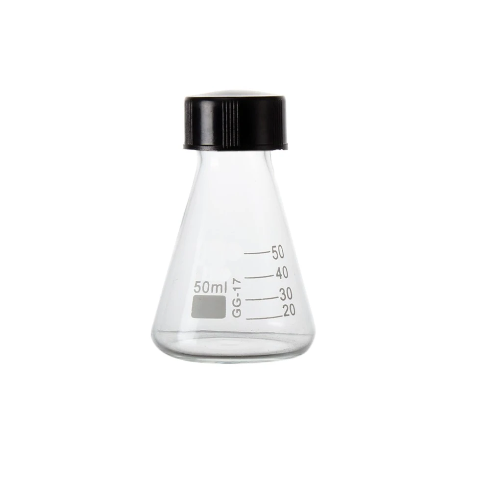 50-250ml Borosilicate Glass Erlenmeyer Flask with Black Screw Cap, Lab Conical Triangle Flask for Chemistry Experiment