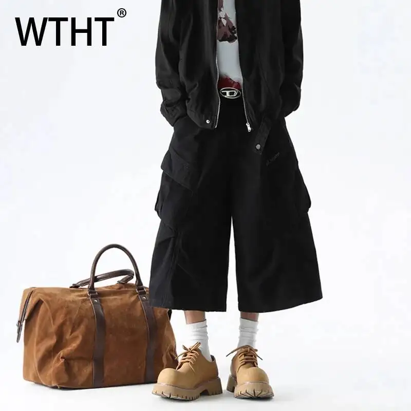 

WTHT Fashion Men's Solid Color Patchwork Pockets Design Cargo Shorts Trendy Wide Leg Loose Short Pants Male 2026 Summer 2A3191