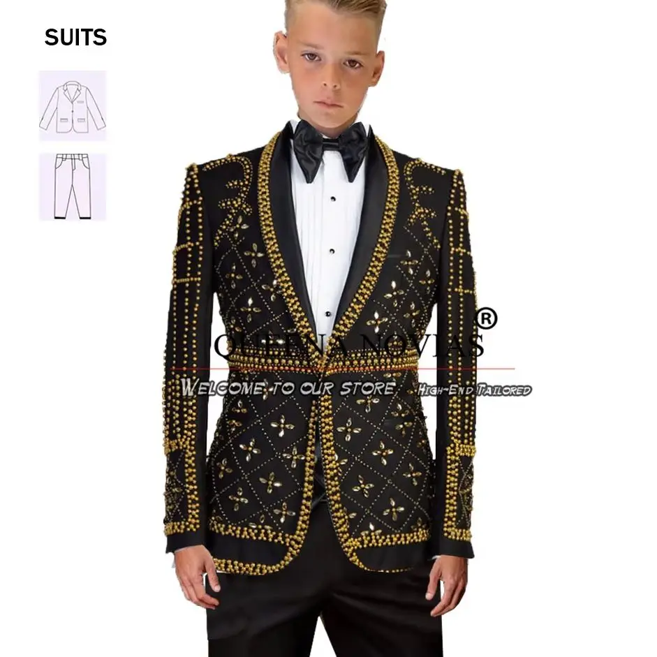 

Jewelry Ornament Boy Suits For Wedding Luxury Golden Pearls Jacket Pants 2 Pieces Children Tuxedos Tailored Made Kids Clothing
