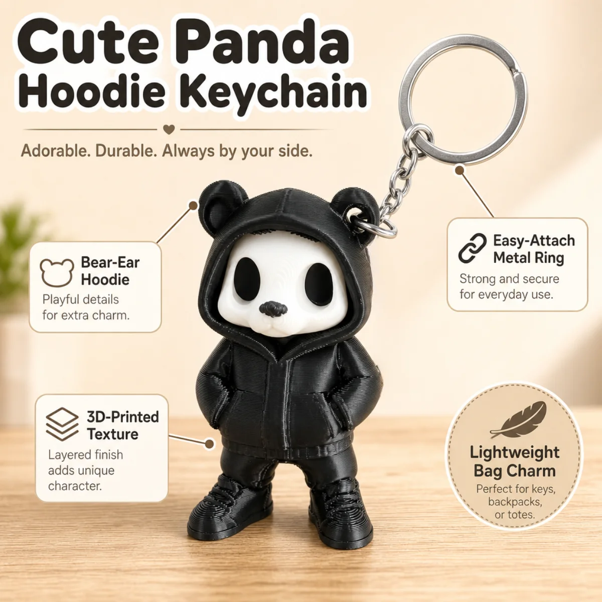 1Pc 3D‑Printed Halloween Hooded Panda Skull Keychain,Eco‑Friendly PLA Street‑Style Bag Charm,Cool Gothic Figurine Pendant