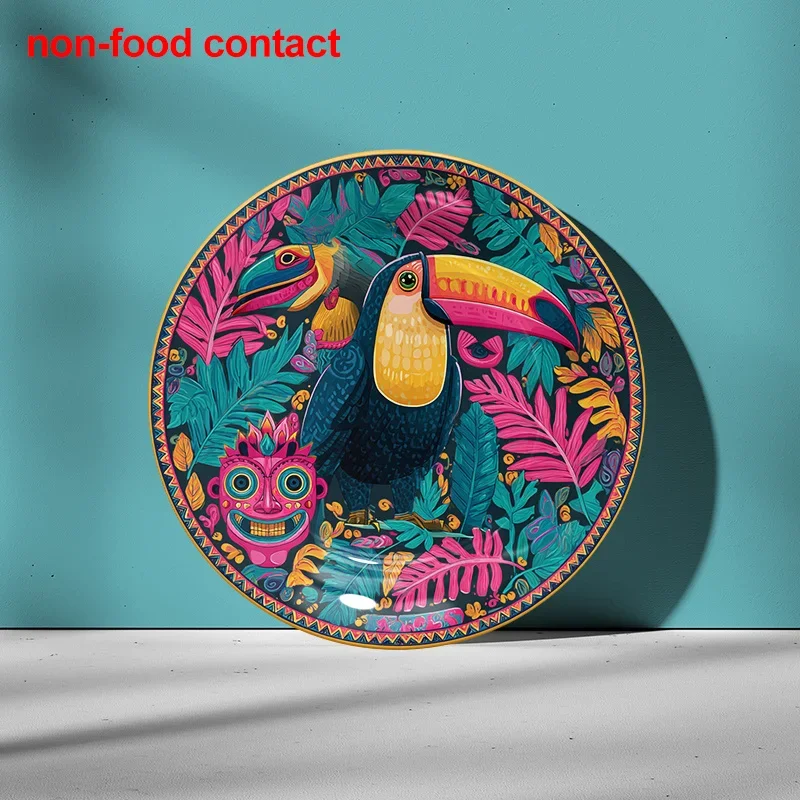 1pc Tropical Toucan & Tiki Mask Ceramic Wall Hanging – 8-Inch Round Vintage Decorative Plate with Vibrant Bird and Leaf Design,