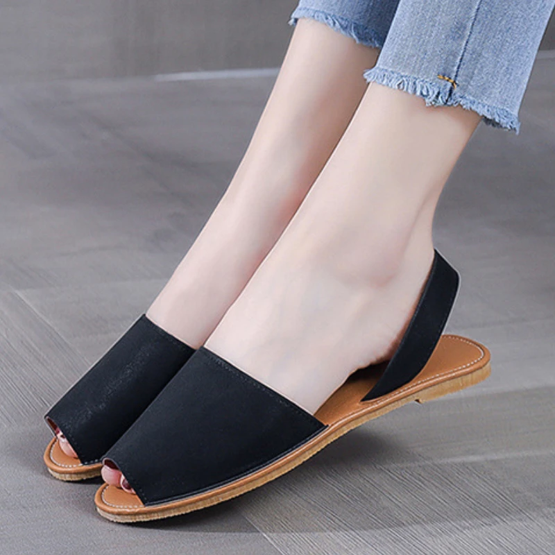 Vacation Black Flats For Women, Stitch Detail Peep-Toe Slingback Flats