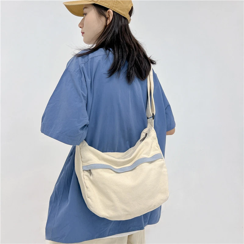 College Student Crossbody Bags For Women 2023 Trendy Cool Canvas Schoolbag Female Messenger Shoulder Bag Solid Travel Book Bag