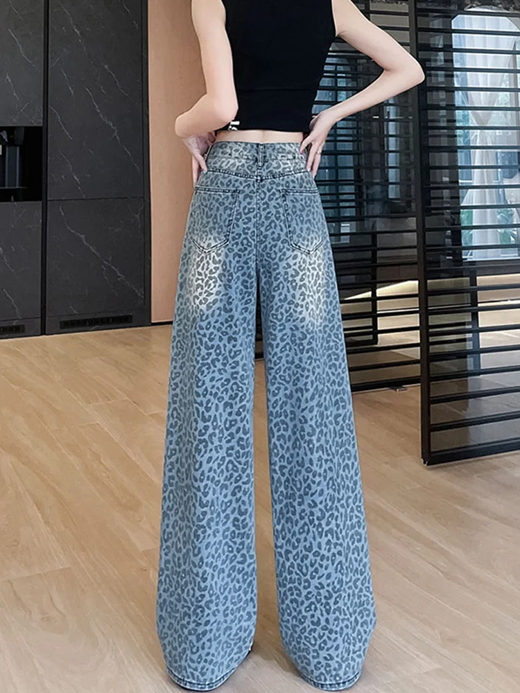 Vintage leopardo impressão jeans feminino cintura alta streetwear casual perna larga calças jeans em linha reta baggy jeans