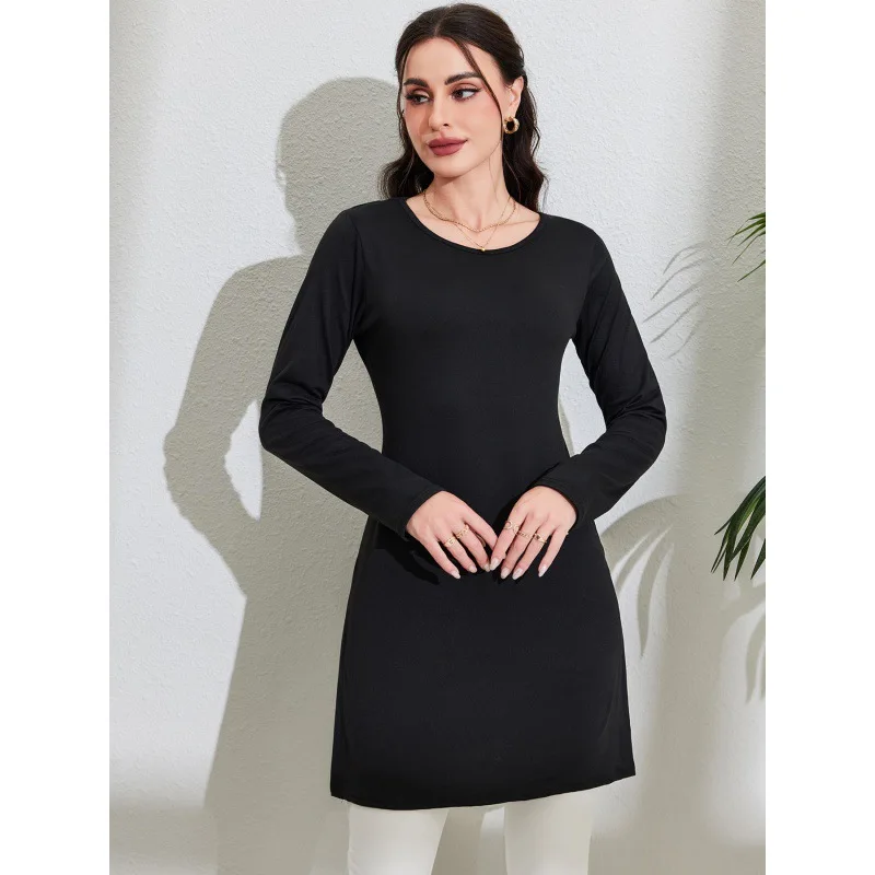 T-shirt Long à fente Ne ronde pour femmes, coupe cintrée, élégant, décontracté, confortable, toutes saisons, porter un autre matériau 00%