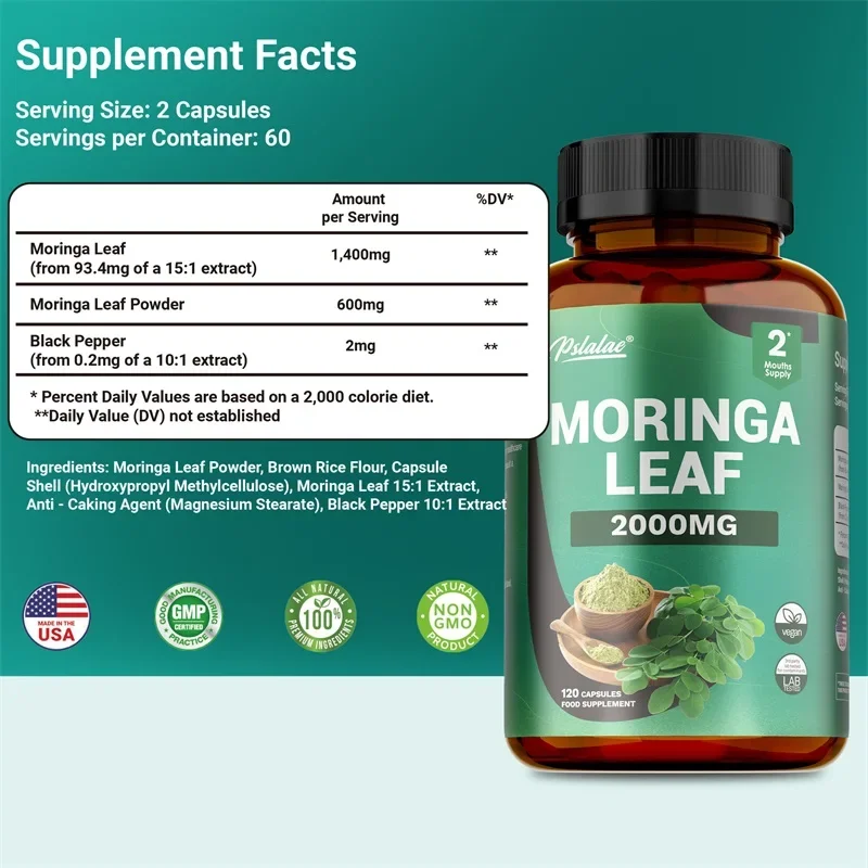 Moringa Capsules - Nutrient Absorption, Metabolism, Supports Skin, Immune and Gut Health - with Black Pepper, Moringa Leaves