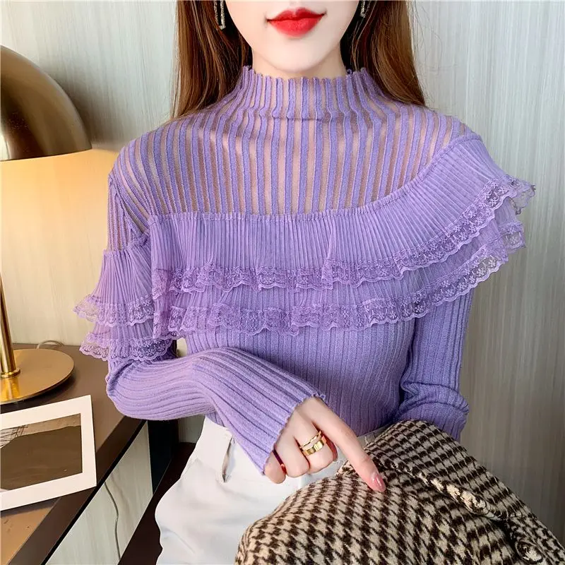 

Fashion Stand Collar Spliced Gauze Lace Ruffles Sweaters Female Clothing 2024 Autumn New Slim Chic Pullovers Knitted Sweet Tops