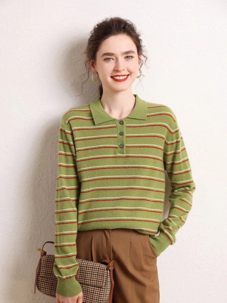 

Women's Polo Collar Stripe Color Matching Pullover 100% Merino Wool Sweater Autumn Winter Warm Clothing Casual Knit Basic Tops