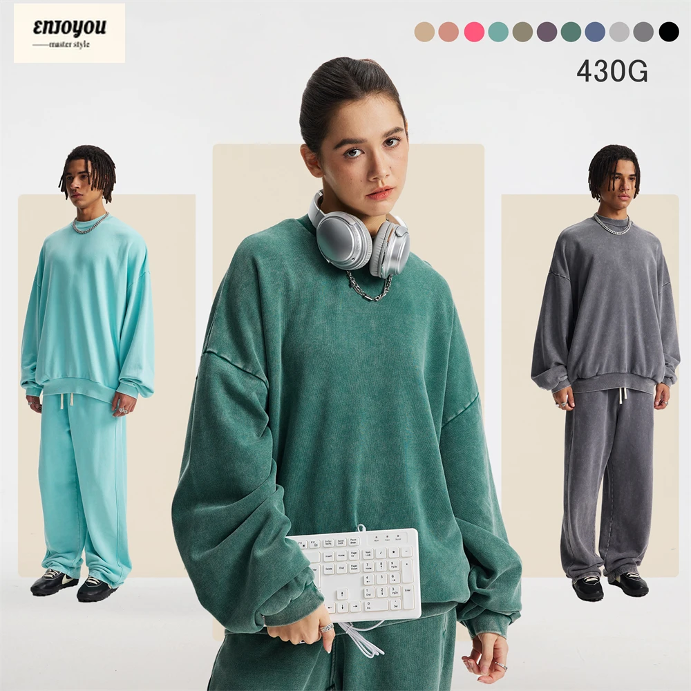 

ENJOYOU новые зимние мытые мужские толстовки в стиле батик 430 г/м2, свободные потертые пуловеры унисекс из 100% хлопка с круглым вырезом HY1165