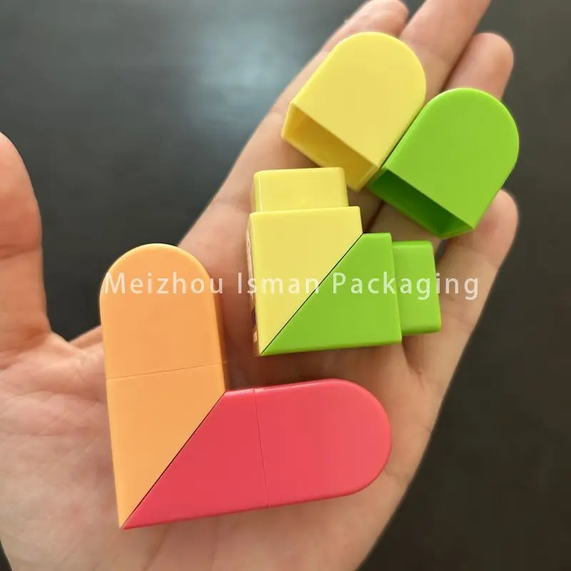 50Pcs Foldable double ended Pink orange yellow green mixed color heart shape lip balm container 2 in 1 empty lipstick tube 5g