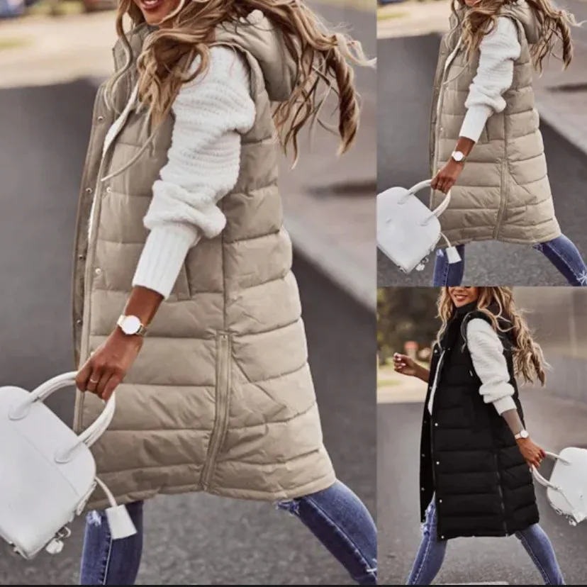 

Women's Slim-Fit Hooded Jacket European American Style Solid Color Mid-Length Single-Breasted Cotton-Padded Cardigan Coat Top