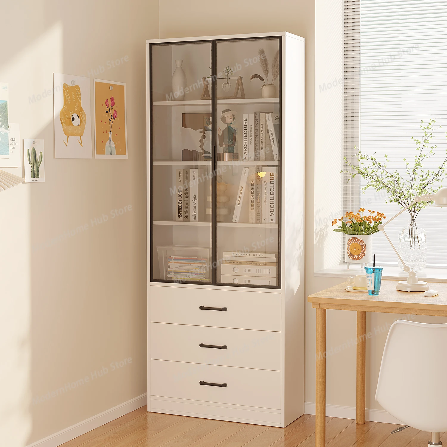 Solid wood bookshelf Floor shelf Glass door Household children's bookcase Living room simple cabinet Crack storage locker - view 3