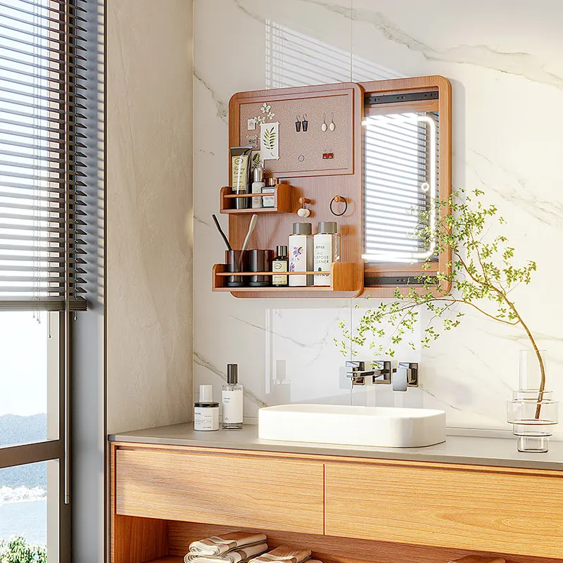 Japanese silent wind solid wood multi-functional mirror cabinet storage cabinet entrance wall decoration dressing mirror