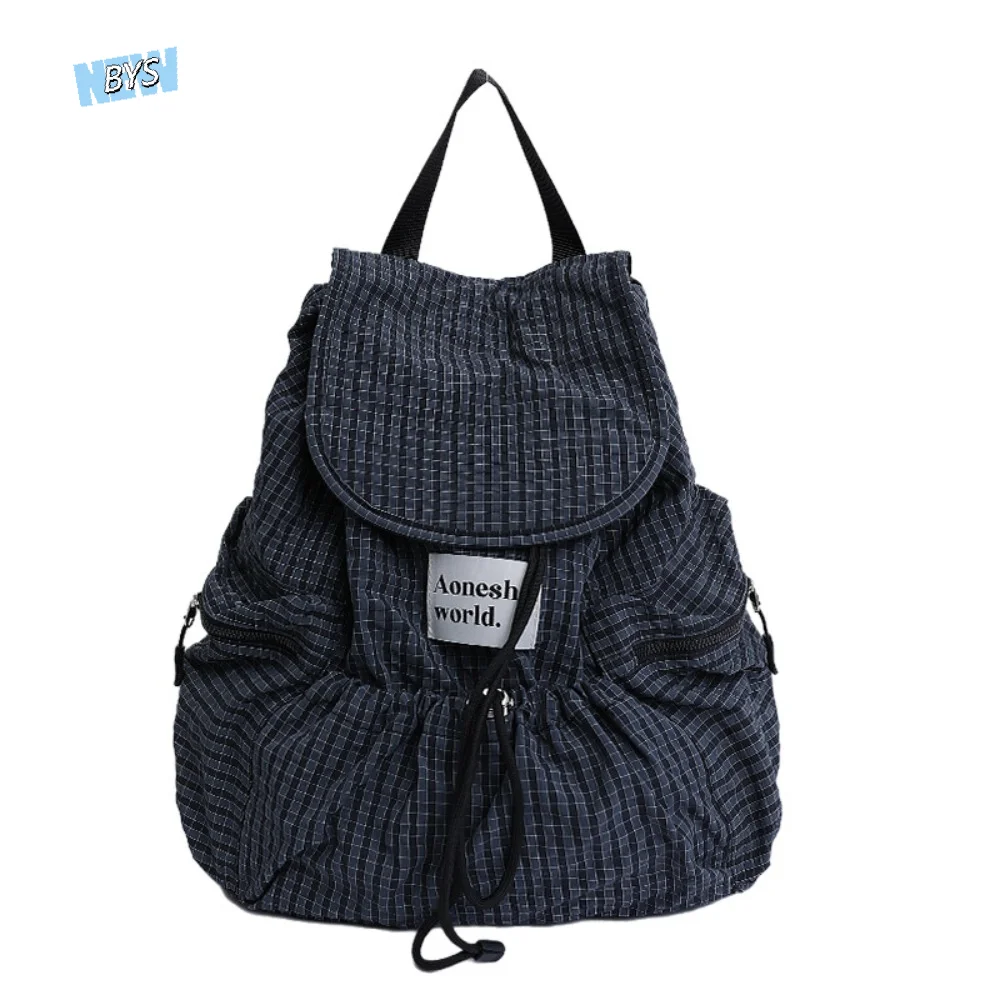 

Korean Solid Color Drawsting Backpacks Korean Plaid Ruched Shoulder Bags Nylon Casual Student Schoolbag Unisex
