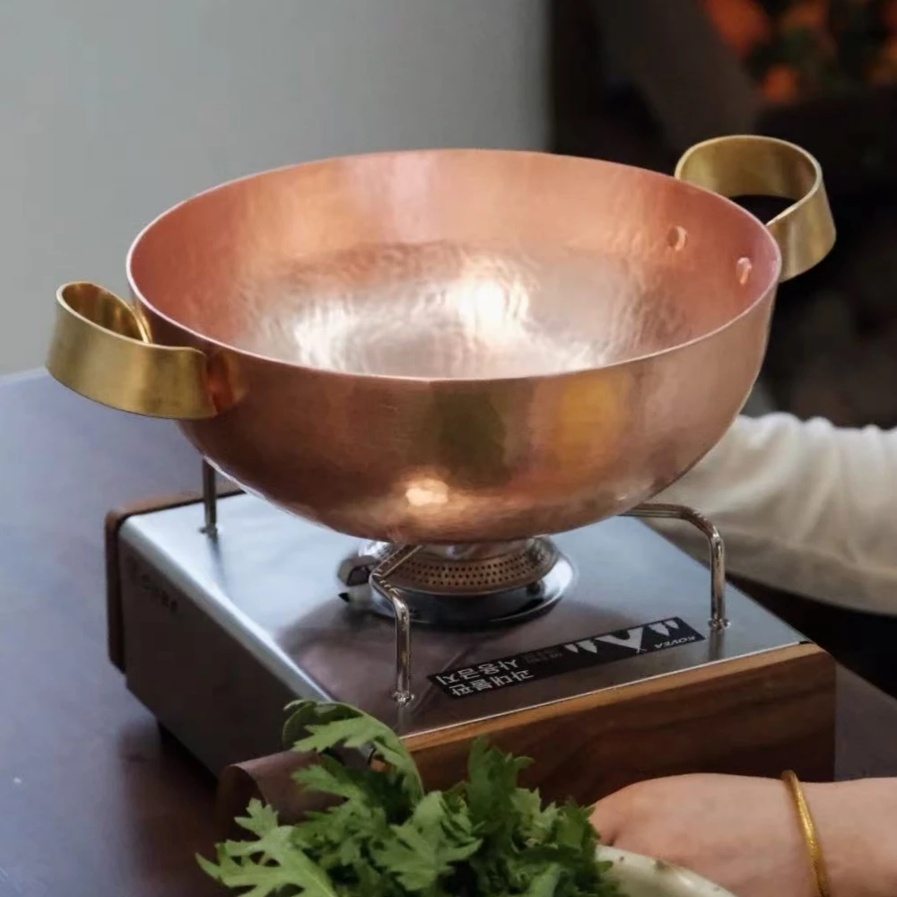 Vintage Copper Pot,Thickened Hot Pot Cooking Utensil Simmering and Pasta Stewing,Handcrafted Hammer Texture Brass Handles Pot