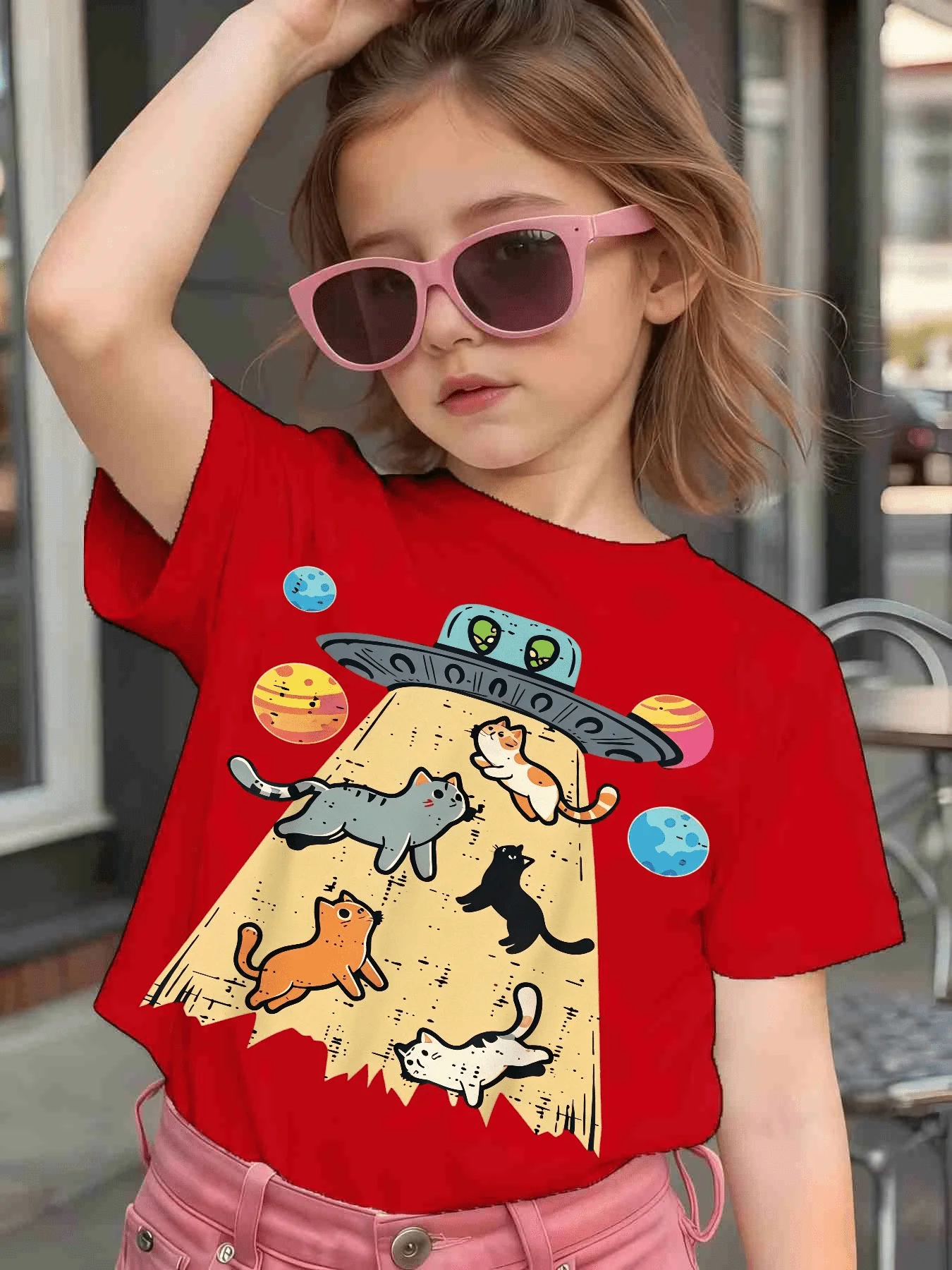 Cute UFO Space Cats Planet Graphic Kids Tee Boys Girls Family Matching Cotton Crew Neck Short Sleeve Soft Casual Summer Tee