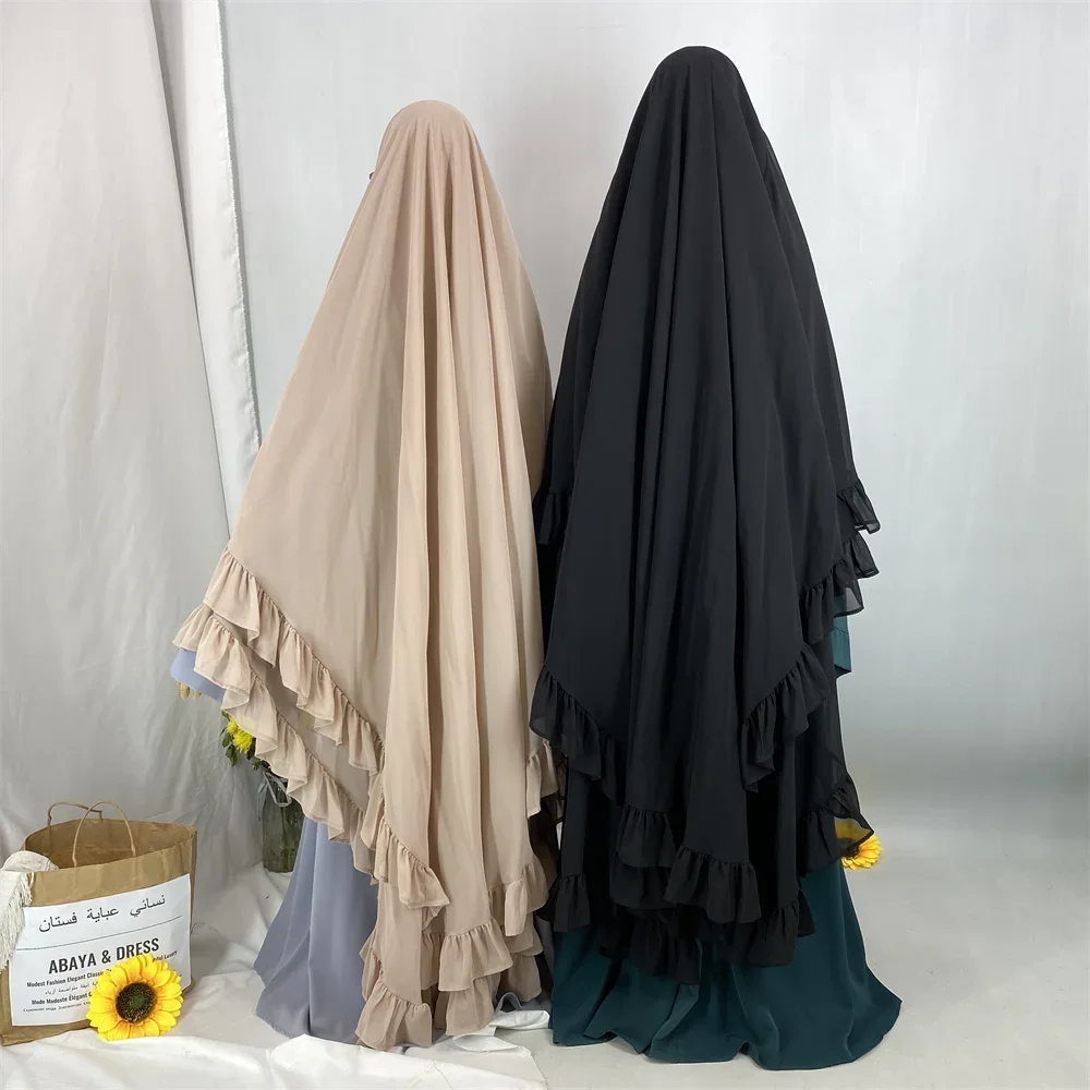 

Eid Long Khimar Headscarf Muslim Ruffles Hijabs Turban Arab Abaya Turkey Headdress Ramadan Djellaba Prayer Garment Islam Niqab