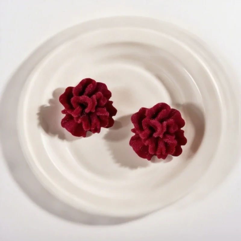 Temperament Winered Flocking Camellia Flower Stud Geometry Red Earring Jewelry Christmas Girl Friend Gift