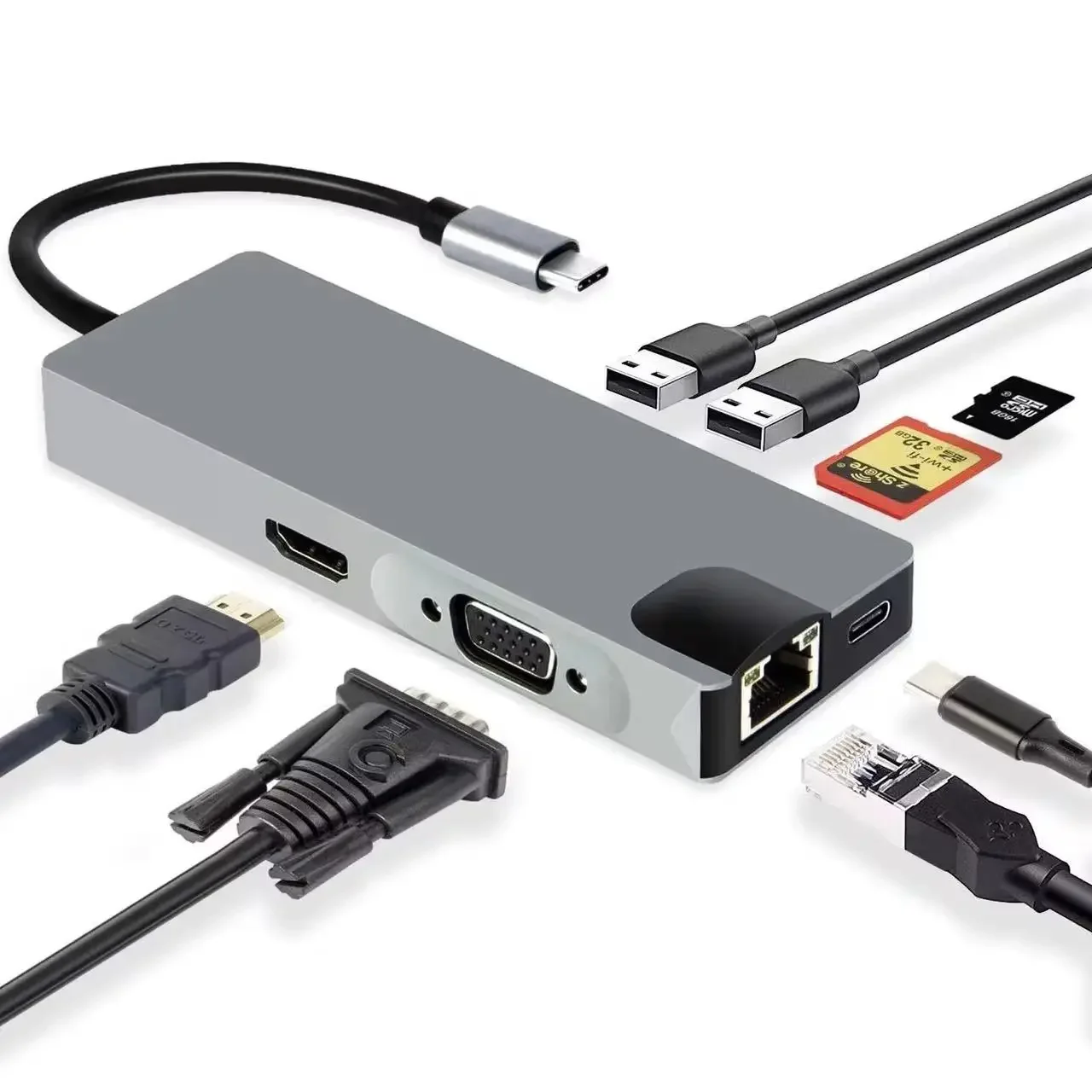 5PCS High Quality 8-in-1 USB C Type-C Hub High-Definition MI VGA SD TF Card PD 2xUSB3.0 Adapter Converter In Box