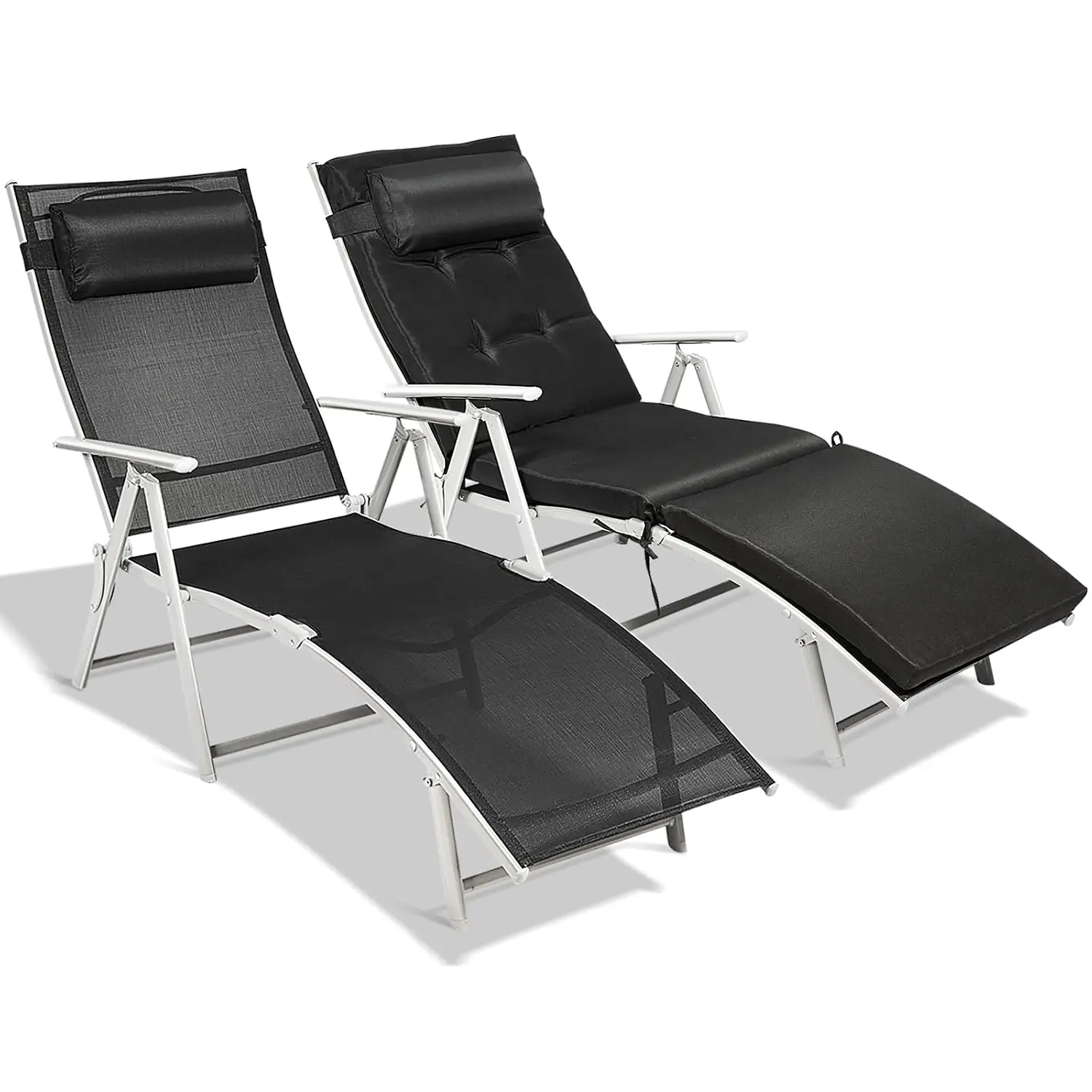 Folding Chaise Lounge W/Removable Cushion, 7-Position Reclining Pool Lounger, Portable Patio Furniture (2, Black), Customized