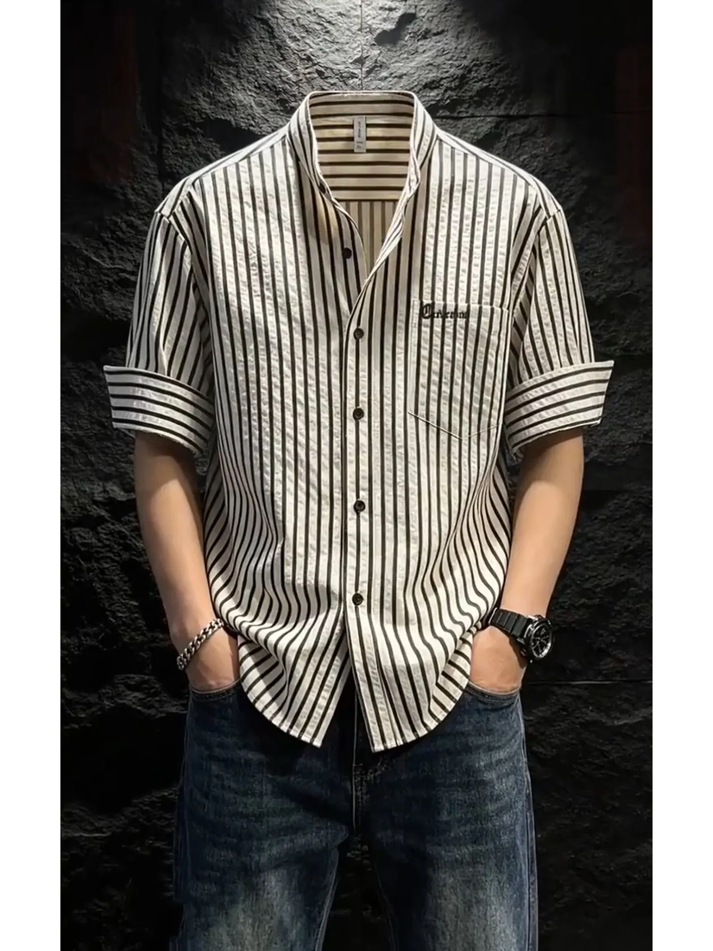 American Retro Short Sleeve Collared Shirt Men's Summer High End Striped Casual Half Sleeve Breathable Comfortable Loose Fit
