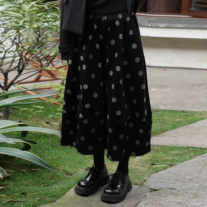 Women Corduroy Black Polka Dot Maxi Skirts Chic High Waist A Line Long Skirts Autumn Winter Vintage Casual Loose Mid Calf Skirts