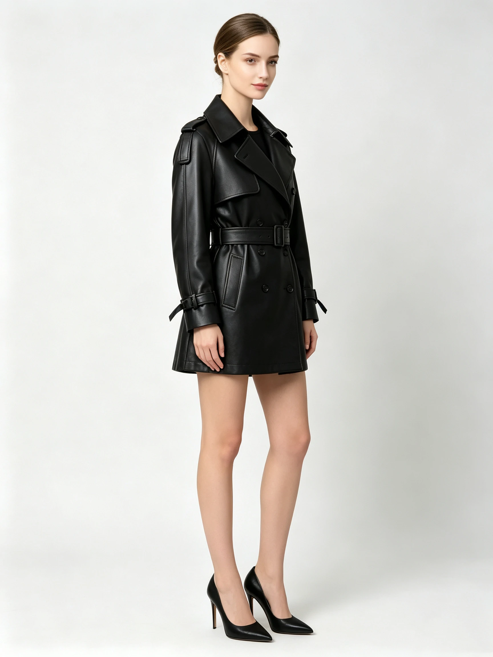 Women's Faux Leather Double-Breasted Trench Coat with Belted Waist and Notched Lapel
