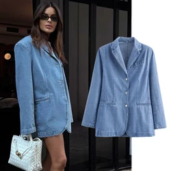 Maxdutti For Ladies Blazer Feminino Casual Denim Blazer Suits Nordic Minimalist Blue Denim Jacket Single Breasted Coat Women