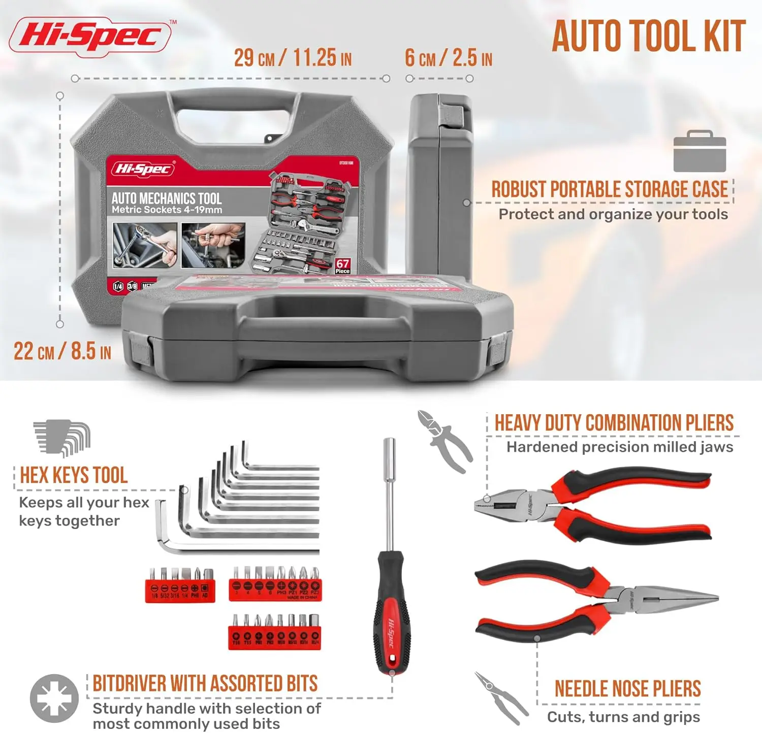 Hi-Spec Tools 67Pc Metric Auto Mechanic Tool Set, Motorcycle & Car Tool Kit, Auto Repair Tool Set with Pliers, Screwdriver Set