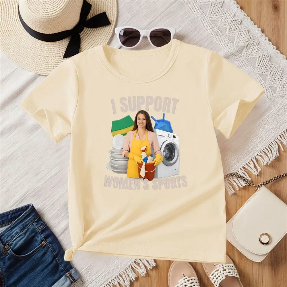 I Support Womens Sports Graphic T-Shirt Short Sleeve Apron Cleaning Print Y2k Streetwear Funny Sarcastic Humor Gen Z Humor Tops