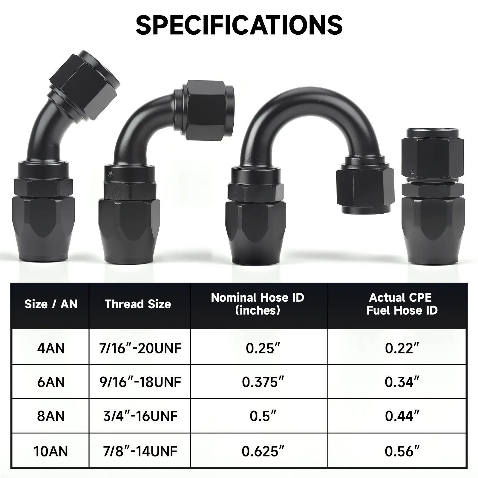 

0 45 90 180 Degree Car Oil Line Connector Kit 4 PCS Black Hose End Fitting Swivel Adapter Aluminium Alloy AN4 AN6 AN8 AN10