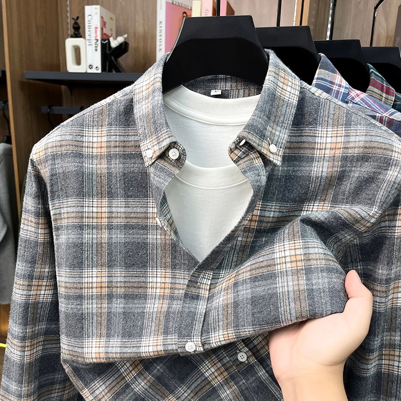 Luxury 100% pure cotton long sleeve men's shirt autumn new fashion personality checkered printed casual comfort high-quality top