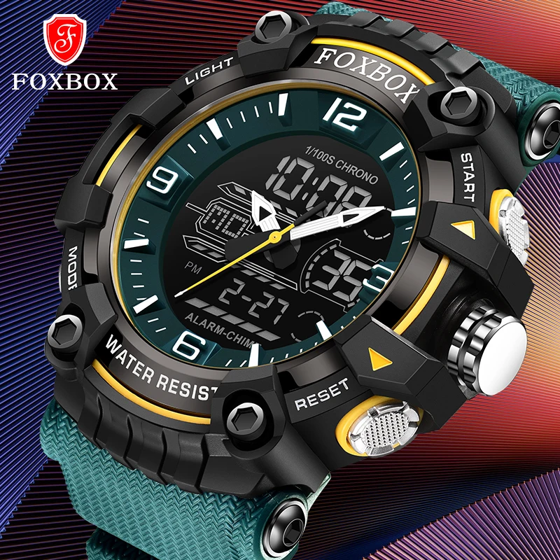 FOXBOX-Relógios militares masculinos de pulseira de silicone, relógio de pulso impermeável, cronógrafo esportivo casual, despertador digital