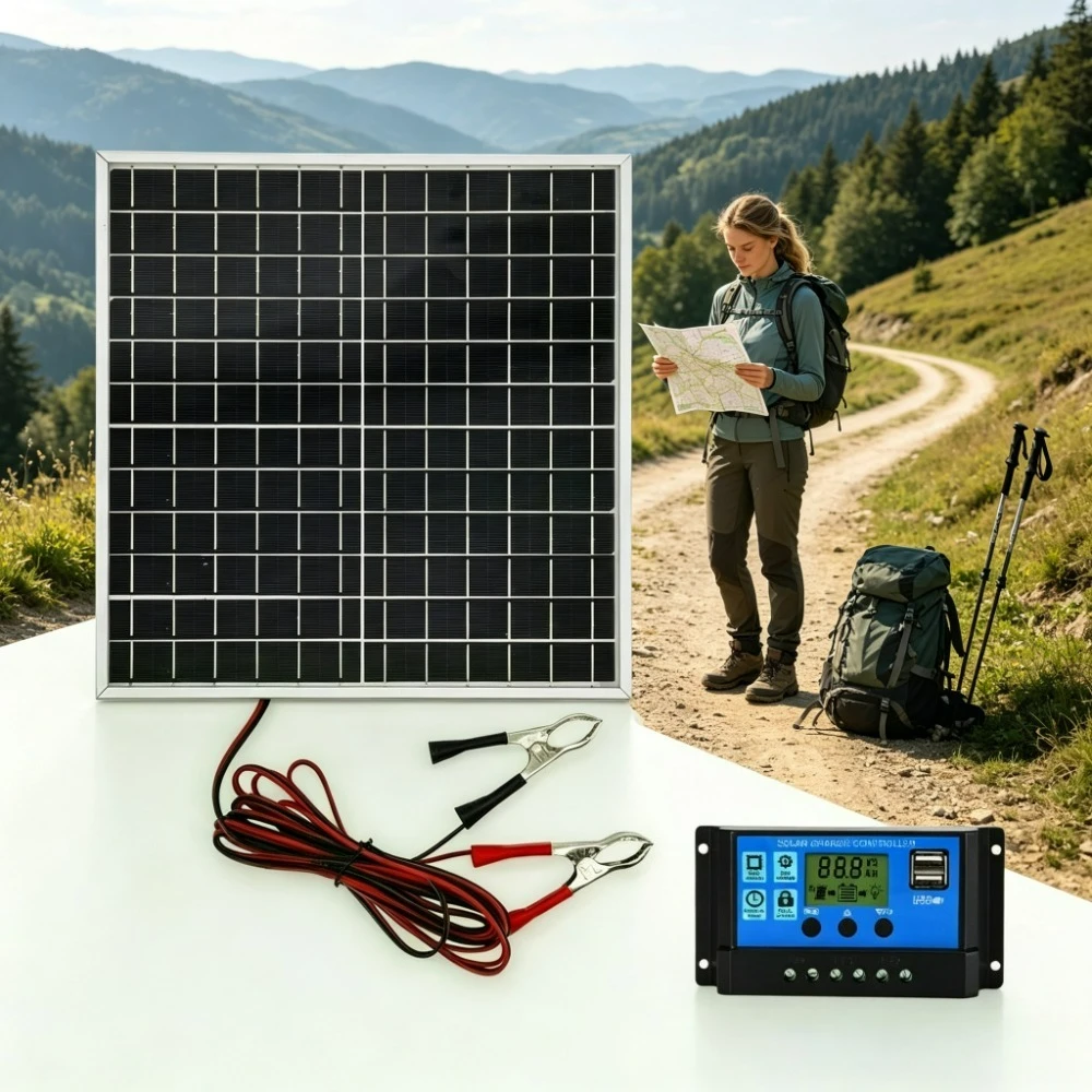12W Monocrystalline Solar Panel Portable Kit Aluminum Frame Attached 12V PWM Solar Charge Controller For Self Driving Camping RV