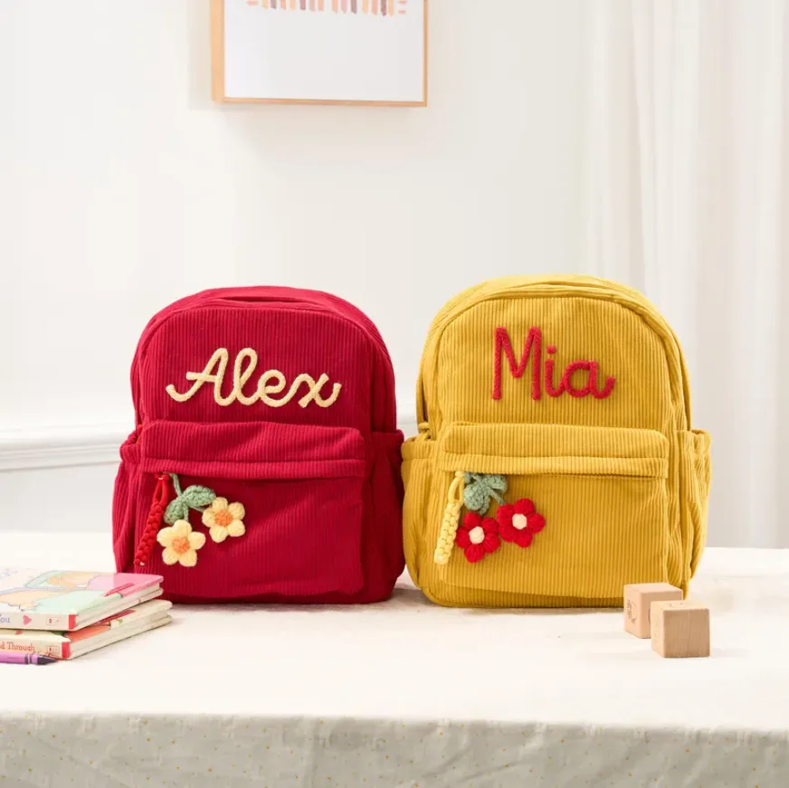 Custom Name Mini Kids Backpack Personalized Toddler Bag Corduroy Preschool Backpack Baby Gift for Boys & Girls
